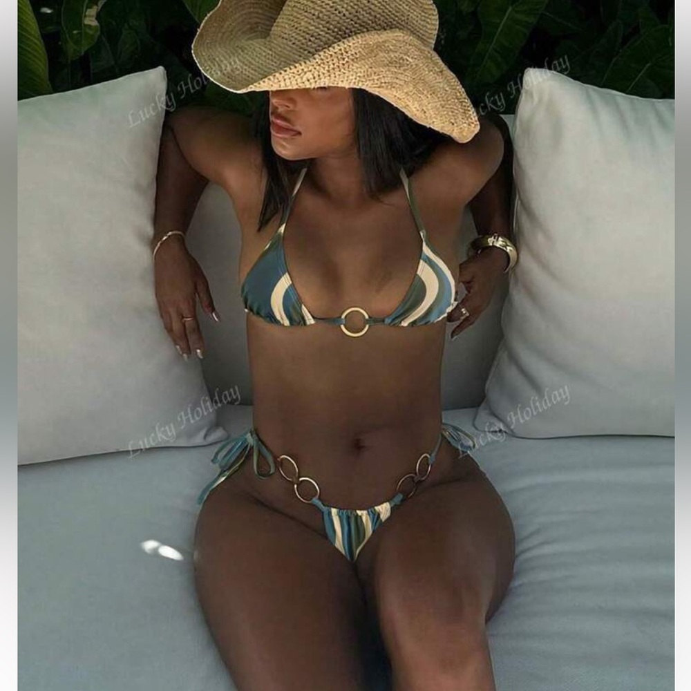 SHEIN Striped Bikini Set - Green and Tan